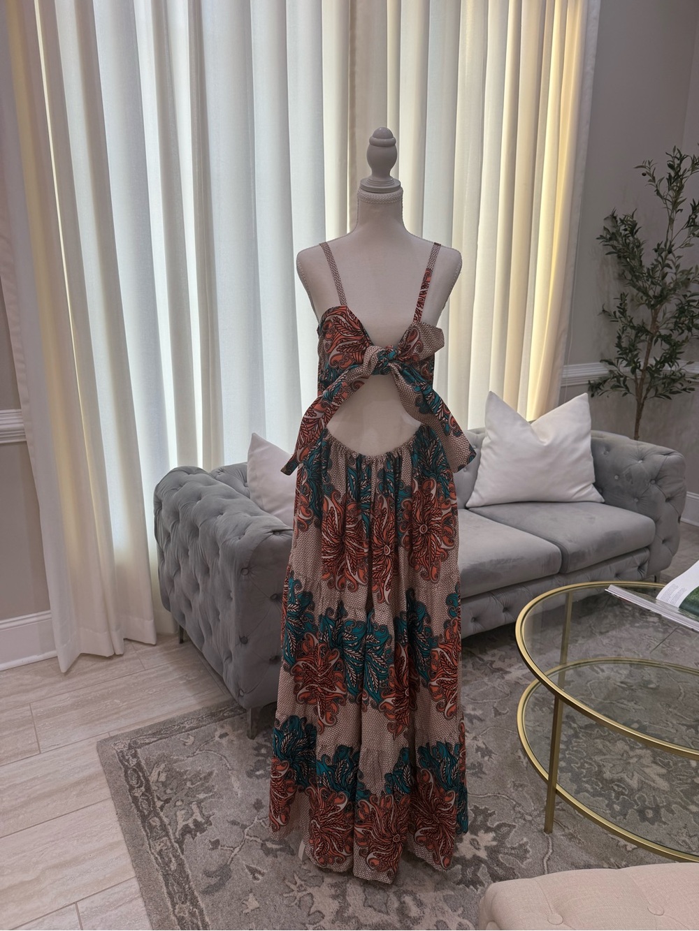 Tie-Front Floral Maxi Dress in Teal & Rust